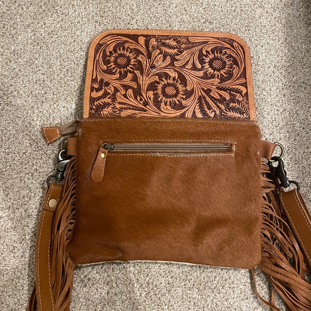 Myra Bag Brown Tooled Leather Crossbody with Fringe - Picture 3 of 8